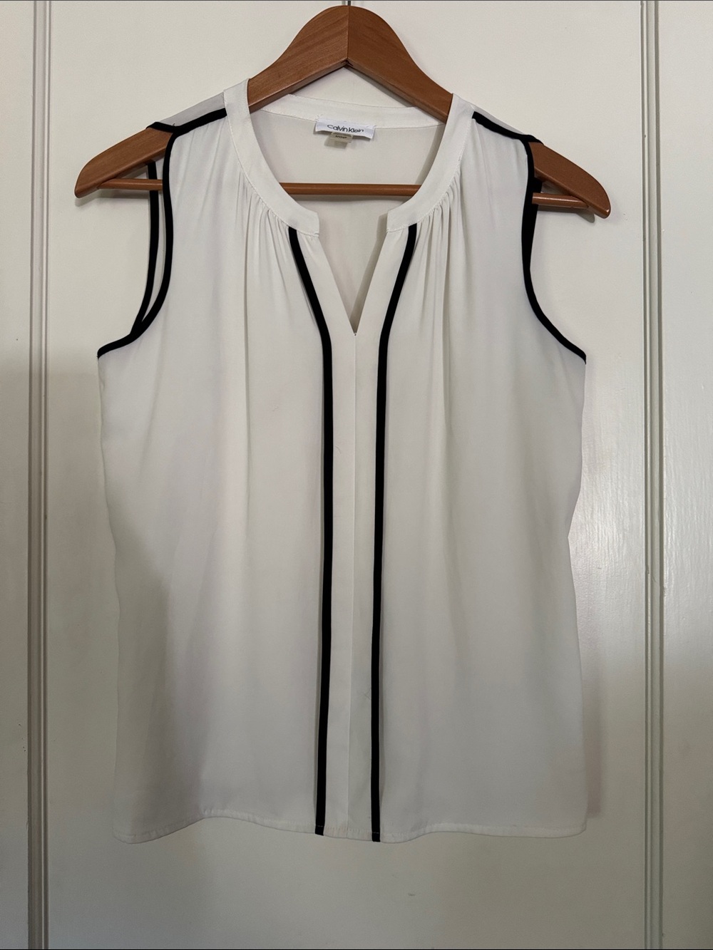 Calvin Klein White Sleeveless Blouse with Black Trim